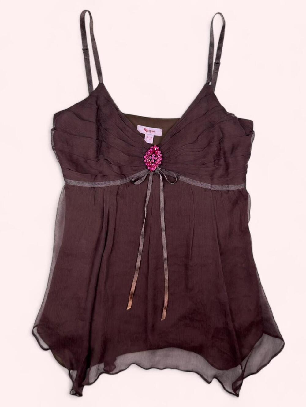 Monsoon brown silk cami top with pink rhinestone brooch and bow